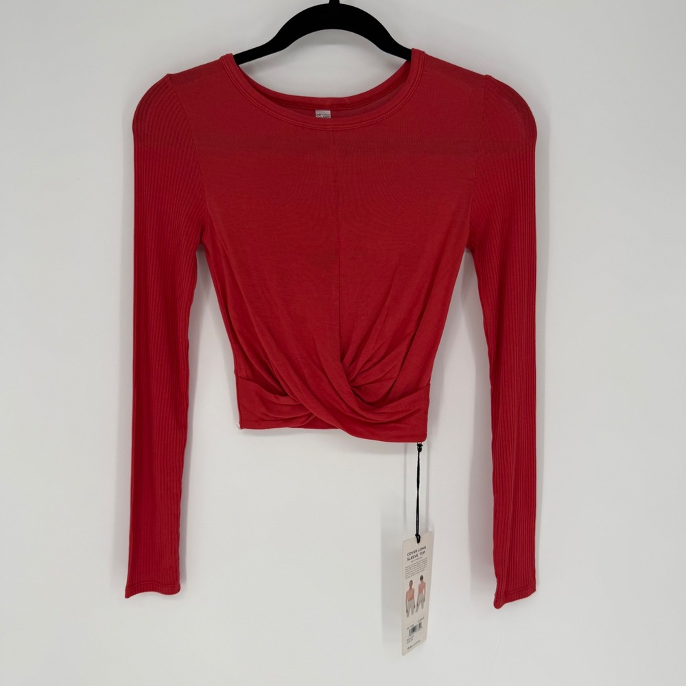 ALO YOGA COVER LONG SLEEVE TOP ROSEWOOD RED XS NWT TWIST CROP TOP RIBBED KNIT